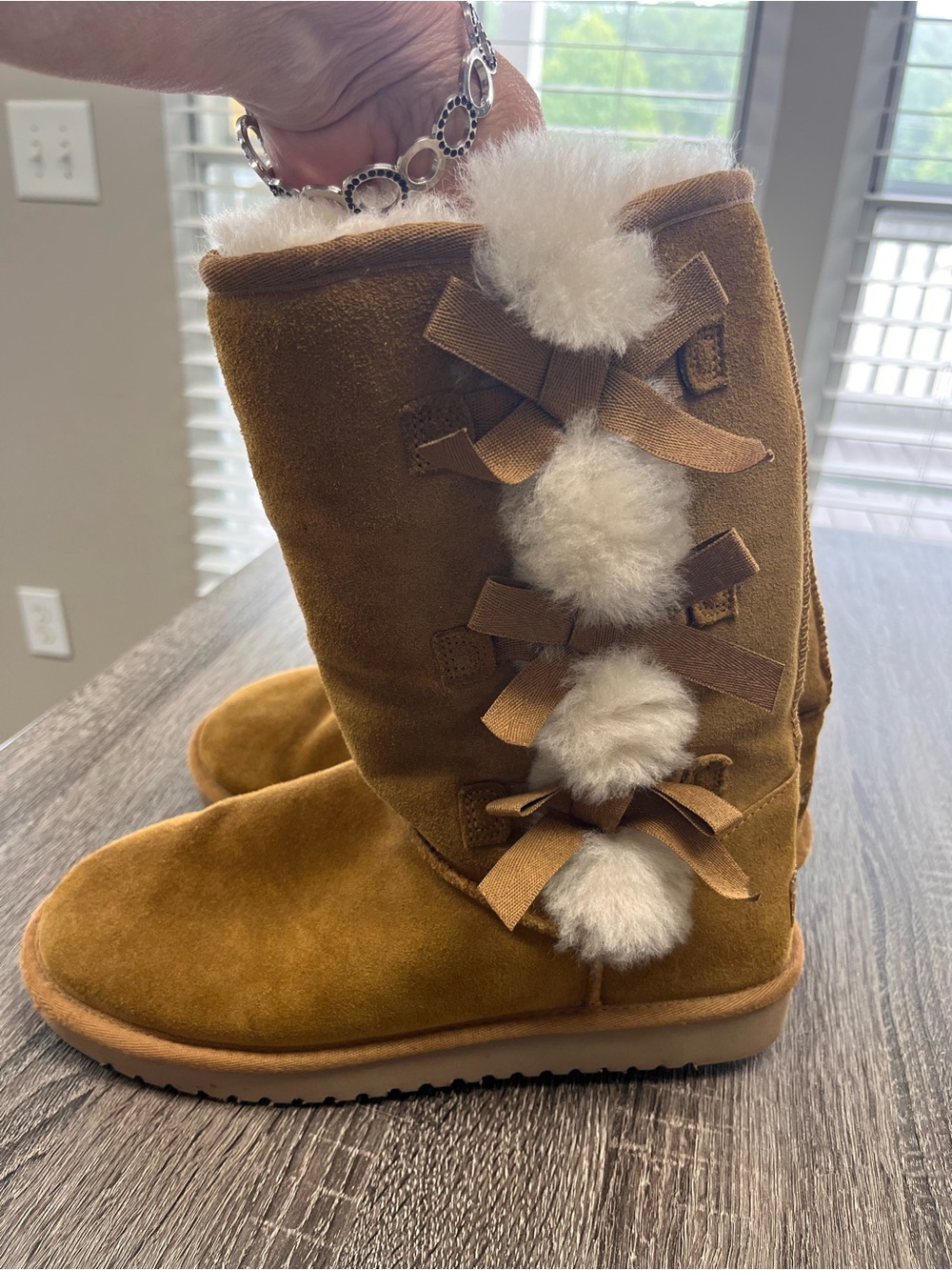 Koolaburra Chestnut Suede Mid-Calf Slippers with White Faux-Fur Pom Trim - Picture 2 of 6